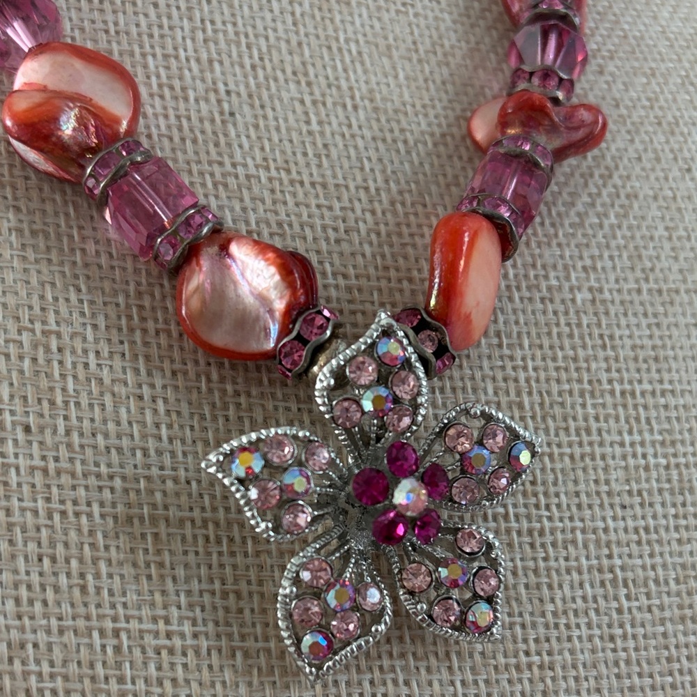 Elegant Pink and Orange Stone Floral Necklace 9” - Picture 2 of 9